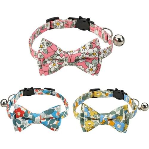 Summer Pets Cat Collar Accessories Floral Pattern Puppy Rabbits Kitten Necklace Adjustable Safe Buckle Kitty Bow Tie with Bell