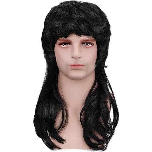 20" Synthetic Long Wavy Black Blonde 80s Punk Rocker Retro Hippie Disco Fancy Funny Redneck Bobcat Mullett Wig for Man Halloween