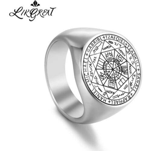 LIKGREAT Viking Secret of Universe Ring Seal of Wicca Mens Ring The Seven Archangels Solomon Kabbalah Talisman Stainless Steel