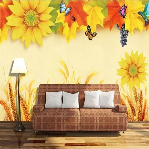 Custom 3d wallpaper sun flower wheat ears HD TV background wall high-grade waterproof material