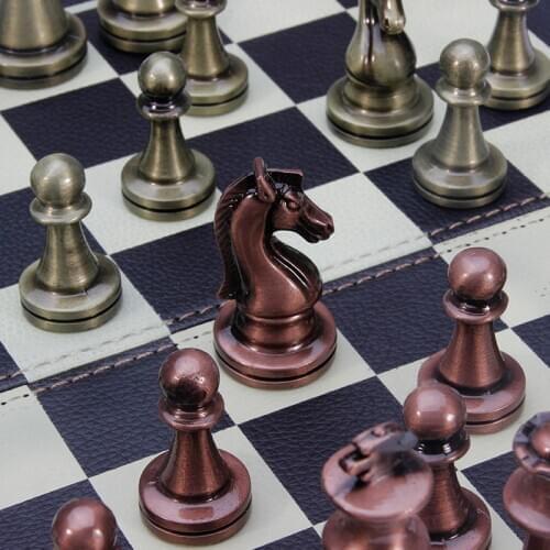 PU Chess Board Zinc Alloy Bronze Chess Pieces Wooden Chess Board Game Chess Set Childrens Folding Chessboard Game Children Gift