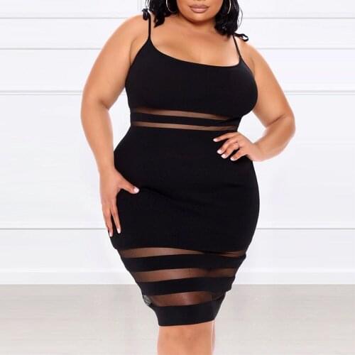 Sexy Spaghetti Strap Black Dress for Womens Large Big Size See Through Bodycon Knee Length Elegant Evening Night Party Wear Hot