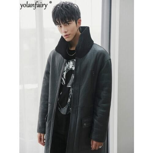 Real Fur Coat Men Long Winter Genuine Leather Jacket Men Sheep Shearling Natural Merino Wool Fur Coats Double-sided Wear 18281