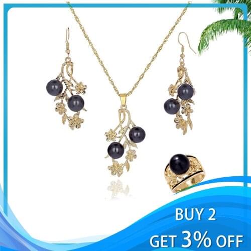SophiaXuan Fashion Pearl Necklace Set Alloy Plumeria Flowers Ring Earrings Jewelry Sets Gold 2021 Party Hawaii Ladies for Women