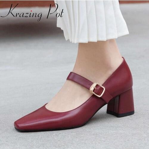 Krazing pot 2020 new natural leather Mary Janes square toe high heels red sweet girls noble buckle straps early spring pumps L63