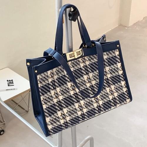 Vintage Plaid Pu Leather Shoulder Bag For Women 2021 Summer Woven Bag Designer Luxury Handbags Large Capacity Canvas Tote Bag