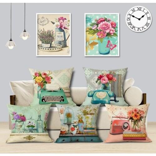 Vintage Flowers Cushions Cover Peach Blossom Home Decor Linen Pillow Cover Decorative Pink Blue Throw Pillows Pillowcase