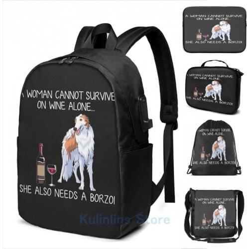 Funny Graphic print Borzoi and wine Funny dog USB Charge Backpack men School bags Women bag Travel laptop bag