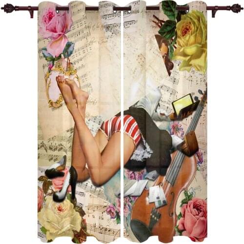 Living Room Curtains Vintage Girl Flowers Violin Modern Home Decor Bathroom Kitchen Bedroom Balcony Floor Valance Curtains