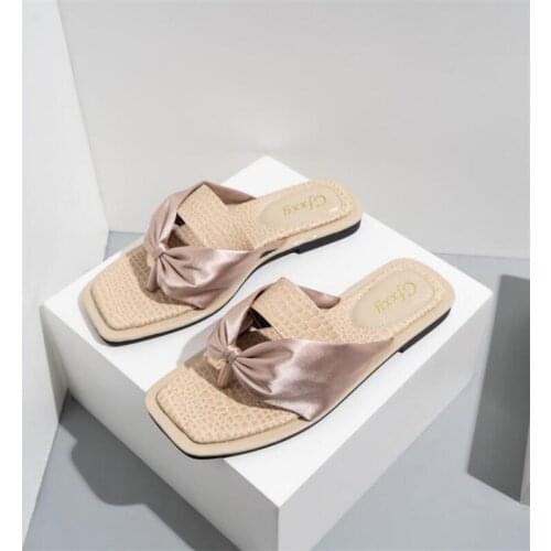 2021 Summer Fashion Womens Ribbon bow Slippers Woman High Quality Non-slip Wearable Classic stone pattern flat-heel sandals