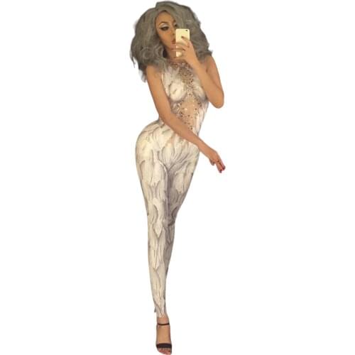 Women New Glisten Rhinestone White Feather Printed Jumpsuit Crystals Rompers Sexy Costume Party Show Celebrate Outfit Stage Wear