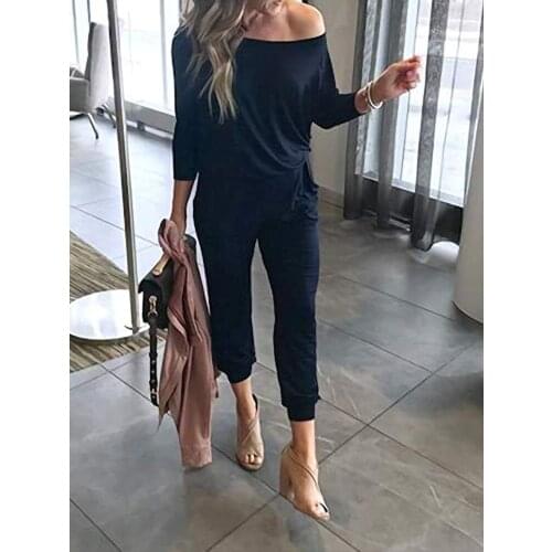 Spring and autumn open shoulder Pullover new 2021 fashion casual long sleeve pocket lace up womens Jumpsuit