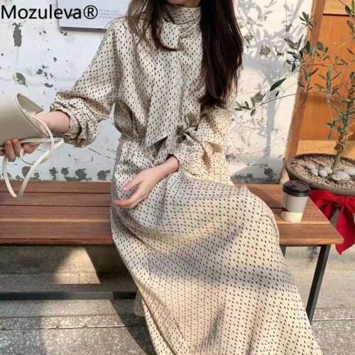 Mozuleva Autumn Chic Slim High Waist Long Bandage Women Dresses Stylish Long Sleeve Stand Collar Maxi Dresses for Women femme