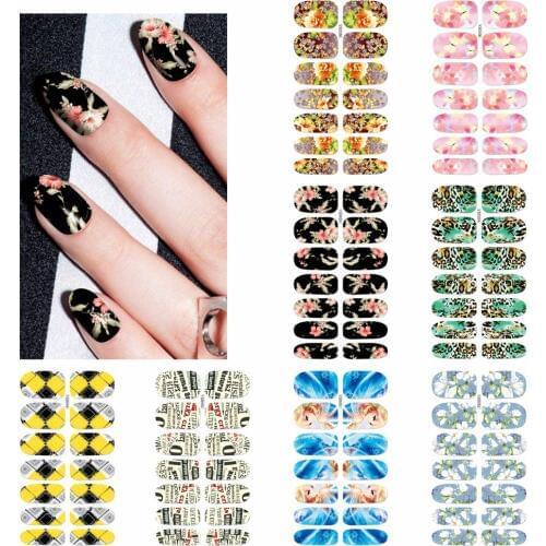 1 Sheet Full Cover Colorful Flower Leopard Lattice Design Nail Sticker Water Transfer Patch Foils Nail Decals DIY Stamp Tips