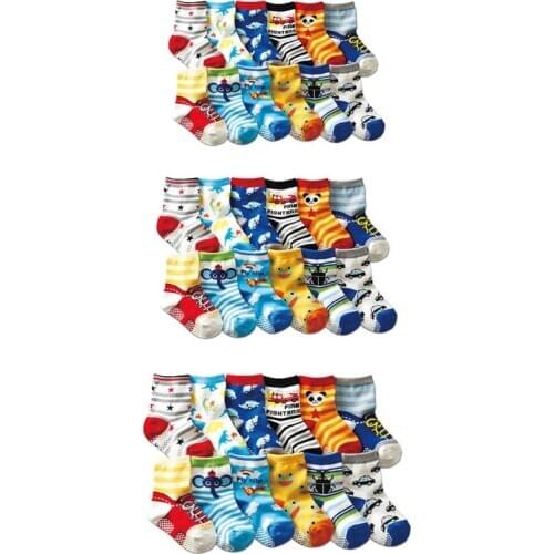 12 Pairs/ Pack Kids Socks Assorted Non-Skid Ankle Cotton Pattern Socks with Grip