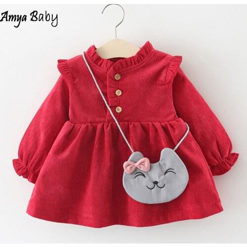 Amyababy 2020 Spring First Birthday Baby Girl Dresses Solid Color Kids Clothes Princess Cute Kids Dresses For Girls With Bag