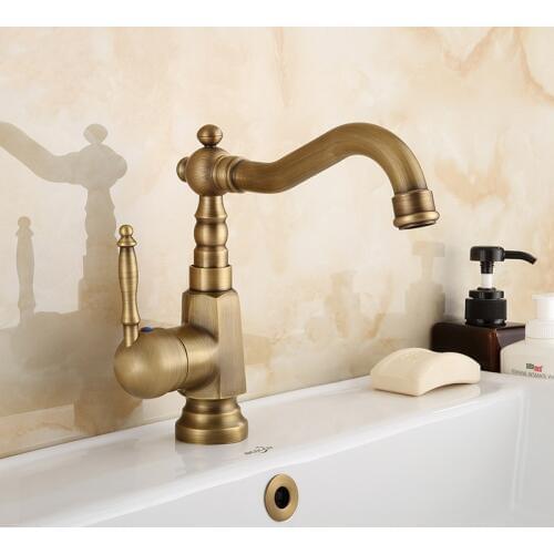 Antique Brass Single Handle Basin Faucet Deck Mount Bathroom Faucet Vanity Vessel Sinks Mixer Tap KD545