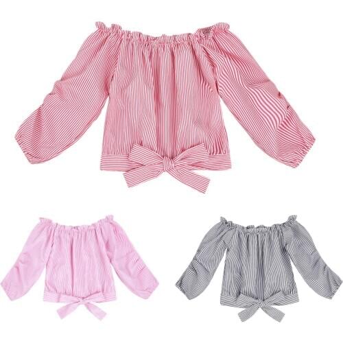 2020 New Fall Autumn 7-12Y Kids Baby Girls Slash Neck Long Sleever Striped Front Bow Blouse Top Off Shoulde Outfit Clothes