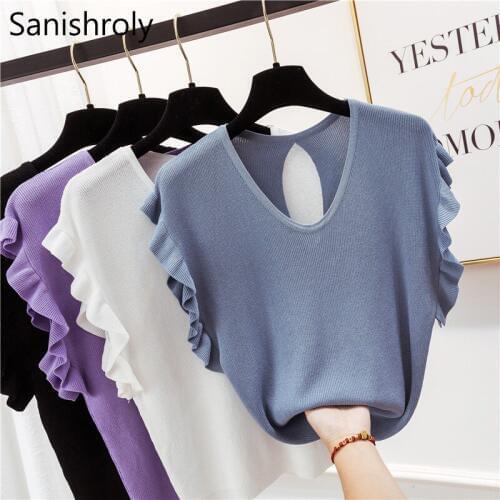 Sanishroly Women Summer T-Shirts Tee Hollow Out Ice Silk Knitted T Shirt Female V-Neck Short Sleeve Backless T Shirts Tops SE608