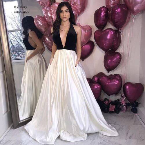 China Hot Top Black Velour Halter Backless Floor Length Satin Pleated Evening Dresses barato vestidos de fiesta de noche