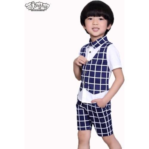 Children Summer Plaid Clothing Sets Boys Formal Party Performance Cosutme Kids Fake Vest Pants 2pcs Clothes Sets