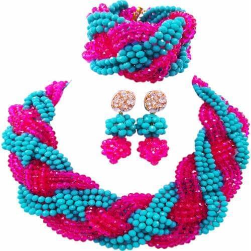 Beautiful Aqua Blue Fuchsia Pink Crystal Beaded Necklaces Costume Nigerian Wedding African Beads Jewelry Set for Women 12BZ01