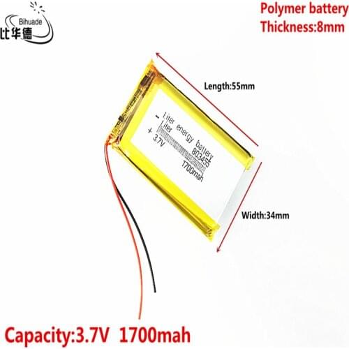 Liter energy battery 3.7V,1700mAH,803455 Polymer lithium ion / Li-ion battery for TOY,POWER BANK,GPS,mp3,mp4,cell phone,speaker