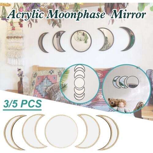 Nordic Style Wooden Moonphase Mirror Set Boho Style Decoration Moon Phase Mirror Set Home Kids Room Decor Moon Phase Wall Mirror