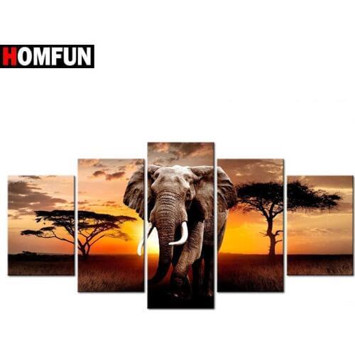 HOMFUN 5pcs Full Square/Round Drill 5D DIY Diamond Painting "Elephant sunset" Multi-picture Combination Embroidery 5D Gift