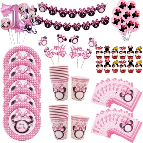 Disney Pink Minnie Mouse Theme Birthday Party Decorations Napkin Plates Cups Balloons Disposable Tableware Baby Shower Supplies