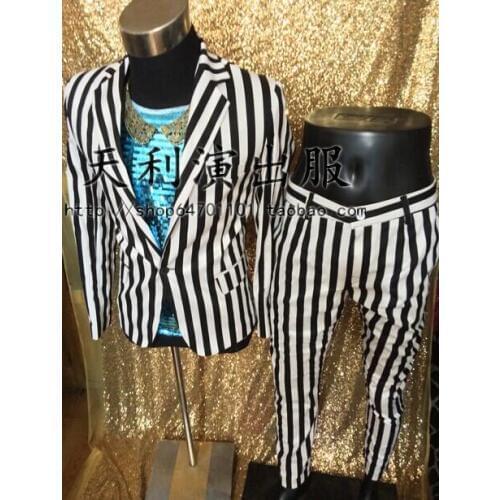 S-5xl 2020 Mens Clothing New Fashion Black White Stripe Suit Singer Costumes Stage Formal Dress Men Slim Plus Size Suits