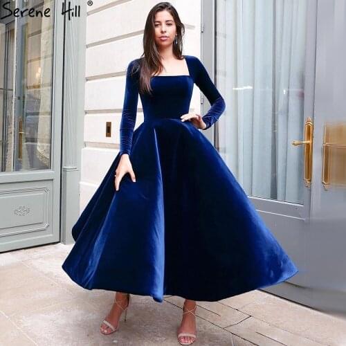 Serene Hill Blue Simple Sexy Evening Dresses Gowns 2021 Long Sleeves A-Line Ankle-Length For Women Party LA71055