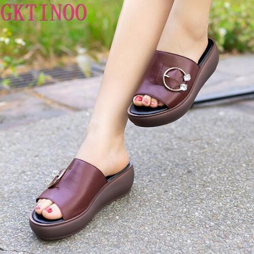 GKTINOO 2020 Slippers Woman Platform Genuine Leather Summer Shoes Fashion Wedges Heels Sandals Womens Slides