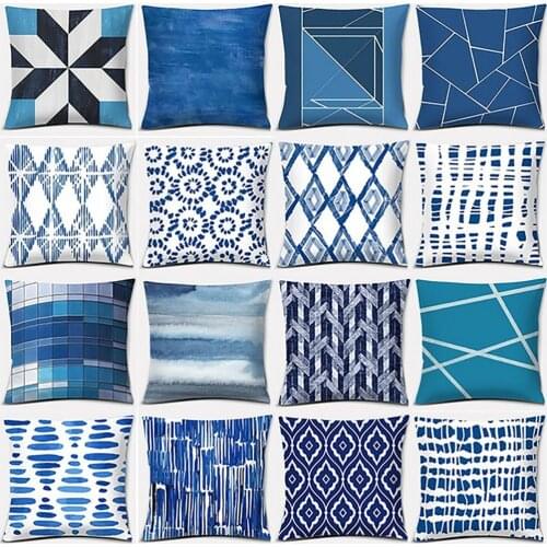 Blue Geometric Printed Throw Square Pillow Cover Sofa Chair Cushion Pillowcase