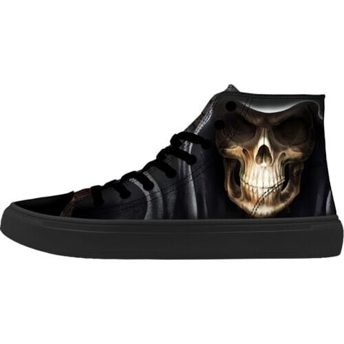 FIRST DANCE Casual Black Punk Skull High Top Shoes Men Classic High Canvas Shoes Fashion 3D Street Nice Printed Casual Shoes Men