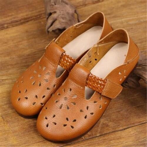 Women flats genuine leather shoes female fashion casual Buckle Strap Round Toe Hollow out soft Retro Comfortable shoes for women