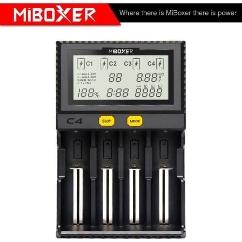 Miboxer C4 LCD Smart Battery Charger for Li-ion IMR ICR LiFePO4 18650 14500 26650 21700 AAA Batteries 100-800mAh 1.5A