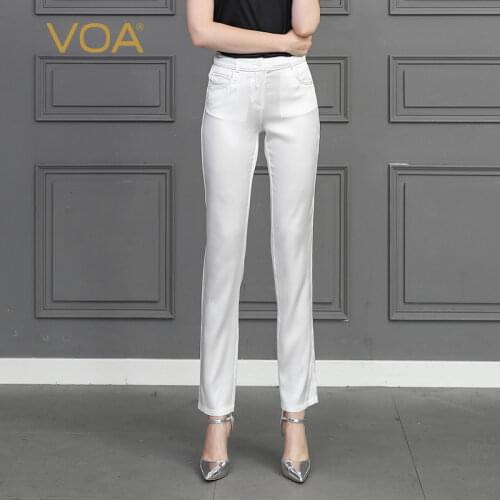 VOA Silk Pencil Pants Solid White Slim Long Trousers Autumn Basic Women Plus Size Leggings Office Ladies Pants Mid Waist K3152