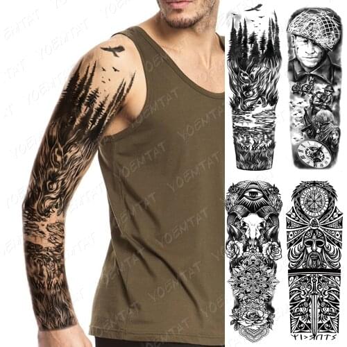 Waterproof Temporary Full Arm Tattoo Sticker Wolf Warrior Maori Skull Compass Flash Tatoo Man Body Art Fake Sleeve Tatto Female