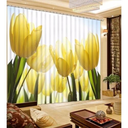 Customize Size 3D Curtain Yellow Tulip Flower Curtain Flower Bed room Living room Office Hotel Cortinas 3D Curtain Blackout