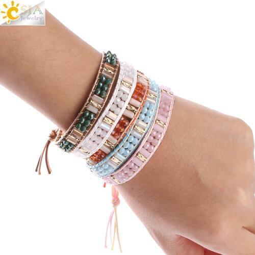 CSJA Women Crystal Beads Bracelets 12 Colors 2019 Fashion Wrap Bangle Bohemian Jewellery Friendship Wristband Lover Gift S265