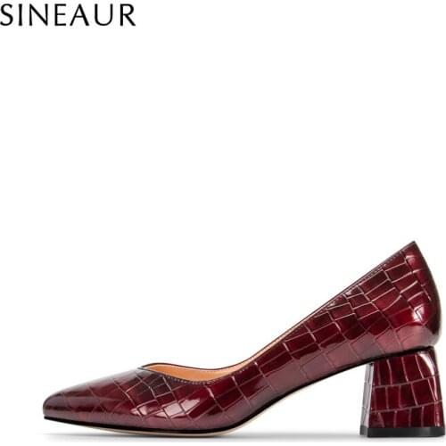 SINEAUR Women Shoes Fashion Low Mid-heel Pumps Chunky Heels Pointed Toe Crocodile Print PU Elegant Office Ladies Plus Size 35-45