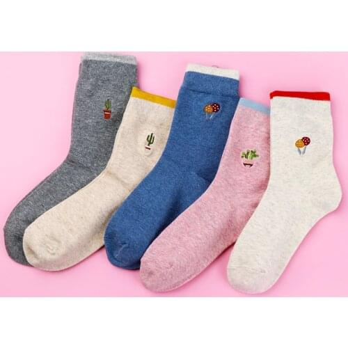 Fashion Embroidery Women Girl Cotton Soft Socks Cactus Mushroom Pattern Autumn Winter Warm Comfortable Socks 1 Pair