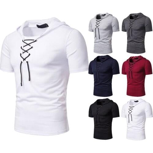2021 Mens Tshirt Fashion Lace T-shirt with Hood Black White Sports Leisure Tee Mens Summer Short Sleeve Cotton Hoodies T Shirts