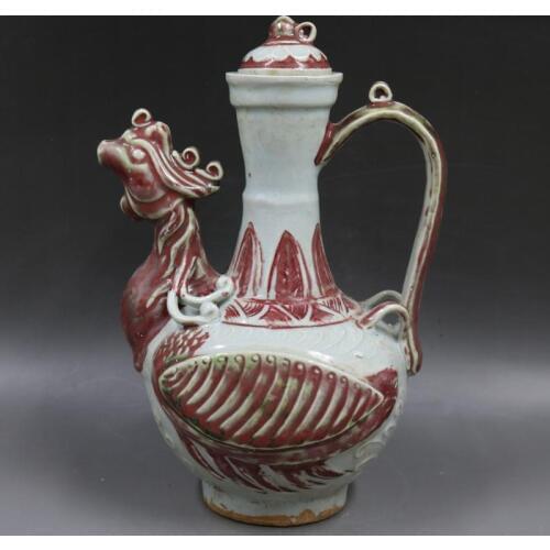Antique YuanDynasty porcelain bottle, red carved pattern chicken head pot,Hand-painted crafts,Decoration,collection &Adornment