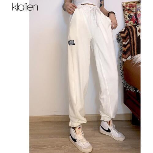 KLALIEN fashion high street casual sport pant women white high wasit Drawstring loose female Harem Pants cotton women trousers