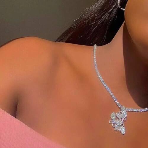Bling Butterfly Crystal Tennis Chain Necklace for Women Gold Silver Color Animal Rhinestone Pendant Necklaces Punk Jewelry Gift