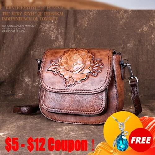 CGA Retro Handmade Embossed Flower Bags For Women Genuine Designer Luxury Leather NewVersatile Nature Cowhide Small Shoulder Bag