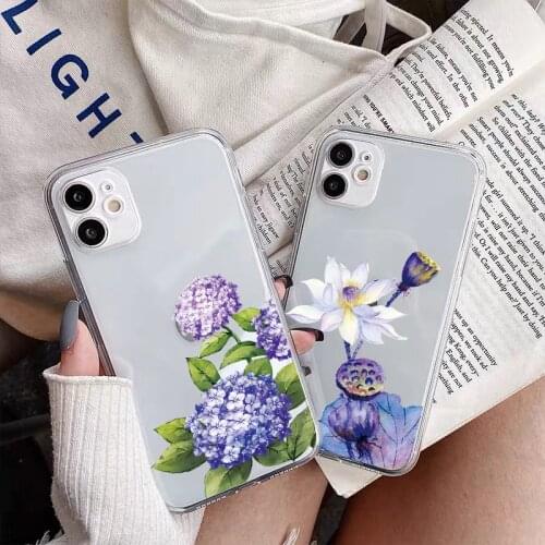 Purple Blue Flowers Phone Case for iphone 12 11 Pro Max 7 8 Plus SE 2020 X XS MAX XR Soft Clear Transparent Back Cover Fundas