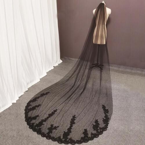 Long Black Lace Wedding Veil with Comb 3 Meters One Layer Black Bridal Veil Bride Headpiece Wedding Accessories